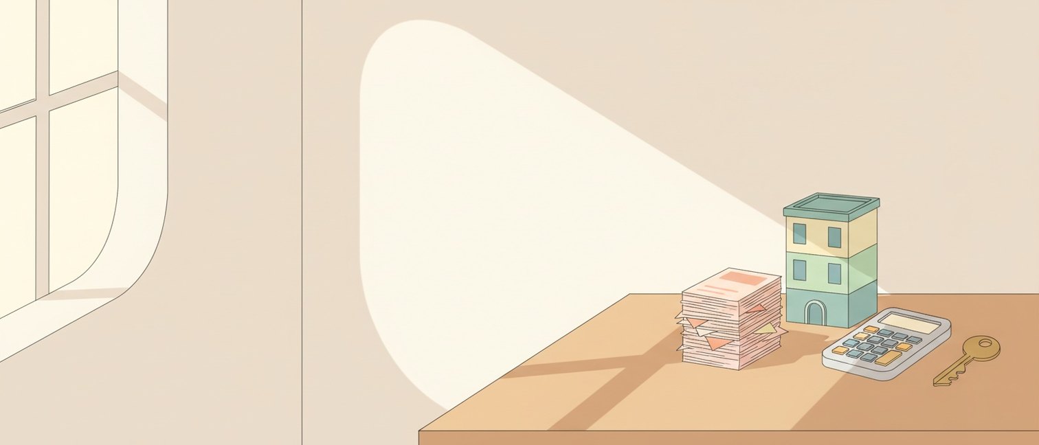 Bureau avec maquette d'immeuble, calculatrice, factures et clé de logement.