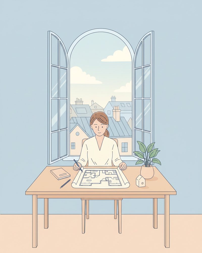 Illustration pastel d'une femme qui étudie le plan d'un appartement à son bureau, devant une fenêtre en arche ouverte sur des toits
